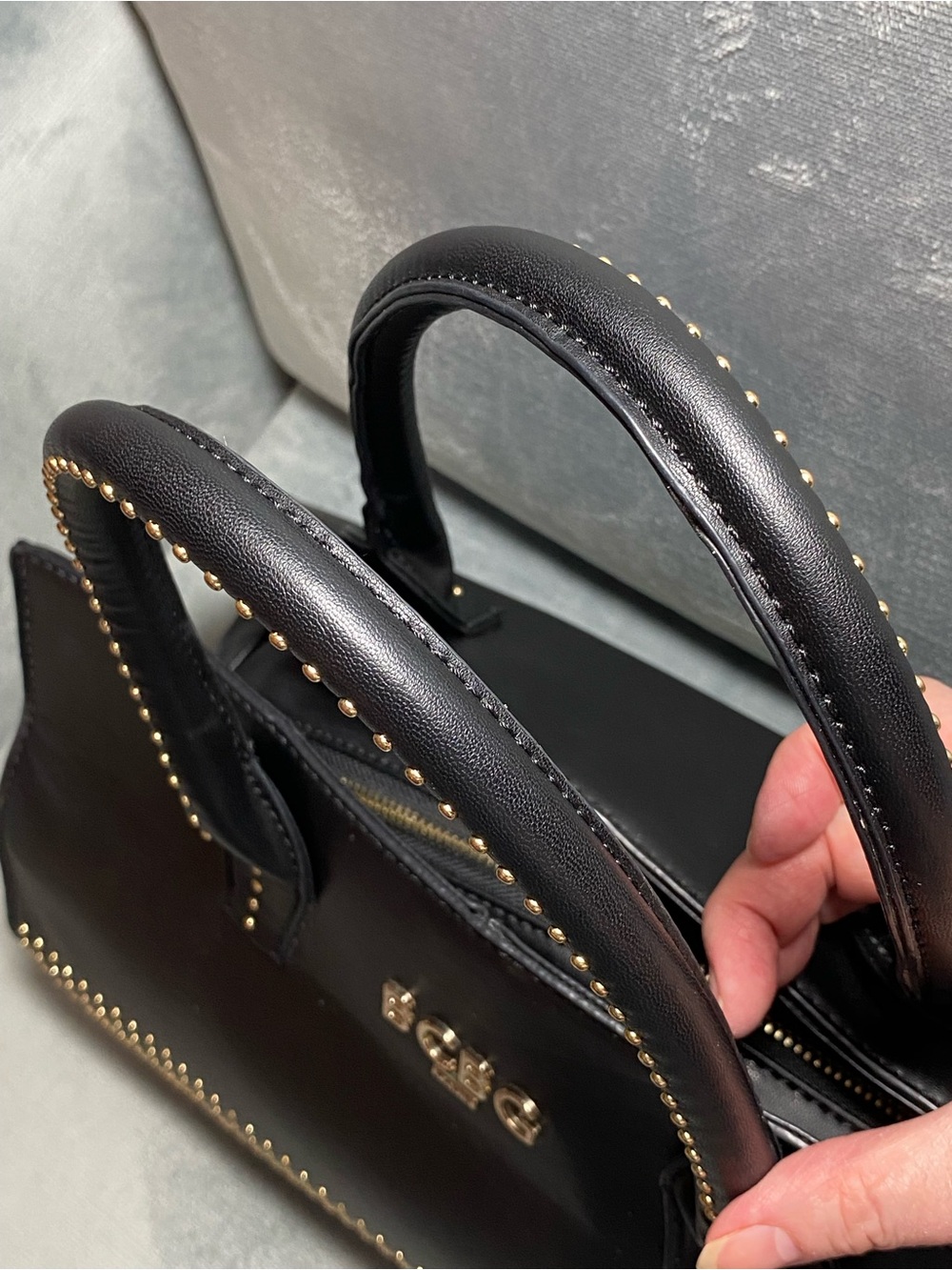 BCBG Paris Black Satchel with Gold Stud Accents, dual handles, EUC - Picture 10 of 17